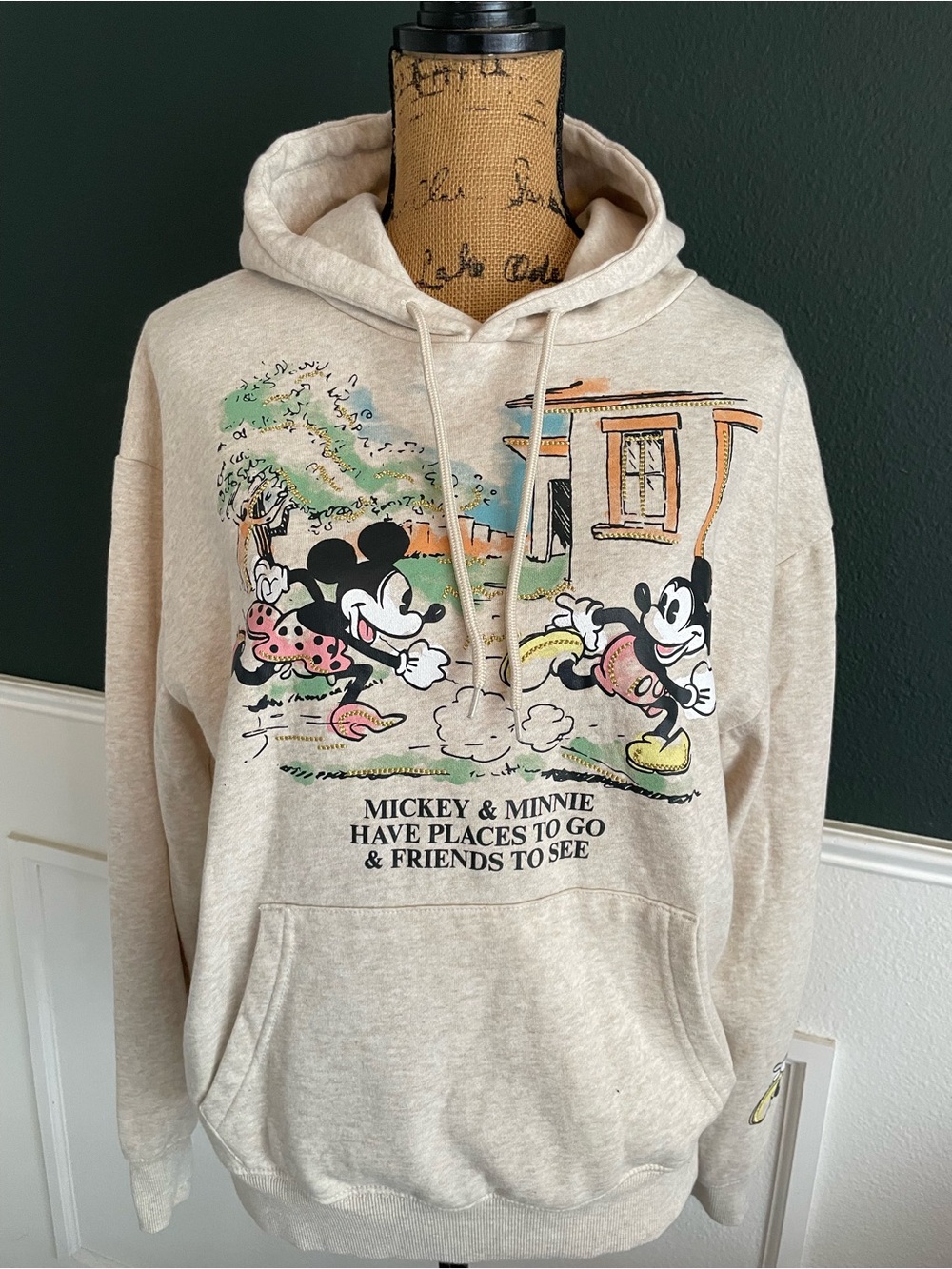 Disney Beige Mickey & Minnie Crewneck Hoodie with Vintage Cartoon Graphic